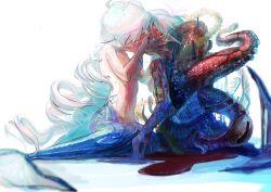 Rule 34 | 2girls, aqua hair, arm fins, blood, blood on face, blood on ground, blue theme, breasts, chakotata, closed eyes, crying, extra eyes, facing another, fins, grey hair, hands on another&#039;s cheeks, hands on another&#039;s face, hands up, head fins, highres, kiss, liquid, long hair, looking at another, medium breasts, mermaid, monster girl, multiple girls, nude, original, scylla, simple background, sitting, tentacles, very long hair, white background, yellow eyes
