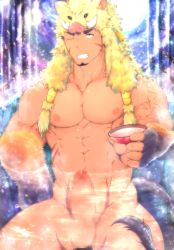 Rule 34 | 1boy, abs, animal hood, bara, blush, boar boy, boar hood, boar tail, body fur, censored, completely nude, cup, erection, facial hair, fang, forked eyebrows, goatee, gullinbursti (housamo), highres, hood, kashiwagi (kashiwakishou), large pectorals, male focus, mature male, mosaic censoring, muscular, muscular male, navel, nipples, nude, one eye closed, pectorals, penis, sakazuki, short hair, sitting, smile, solo, stomach, thick thighs, thighs, tokyo houkago summoners, water, waterfall, wet