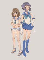 Rule 34 | 2girls, ahoge, back bow, bare legs, bikini, bishoujo senshi sailor moon, blue bow, blue bowtie, blue eyes, blue footwear, blue neckerchief, blue sailor collar, blue skirt, boots, bow, bowtie, breasts, brooch, brown hair, choker, commentary request, cosplay, crossed arms, elbow gloves, full body, gloves, grey background, hand on own hip, highres, idolmaster, idolmaster million live!, jewelry, legs, looking at another, looking at viewer, makabe mizuki, miniskirt, multiple girls, navel, neckerchief, one-piece swimsuit, pleated skirt, purple hair, sailor collar, sailor mercury, sailor mercury (cosplay), sailor swimsuit (idolmaster), sandals, shirt, short hair, sidelocks, simple background, skirt, small breasts, standing, star (symbol), stomach, suou momoko, swimsuit, tanupon, thighs, wavy hair, white bikini, white gloves, white one-piece swimsuit, white shirt, yellow eyes