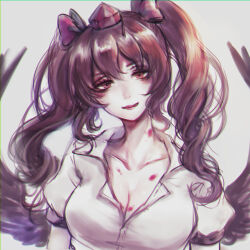 Rule 34 | 1girl, absurdres, black wings, breasts, brown hair, cleavage, closed mouth, collared shirt, dress shirt, feathered wings, hair between eyes, hat, head tilt, hickey, highres, himekaidou hatate, kyogoku-uru, light smile, long hair, looking at viewer, medium breasts, partially unbuttoned, puffy short sleeves, puffy sleeves, red eyes, red hat, shirt, short sleeves, simple background, solo, tokin hat, touhou, two side up, upper body, white background, white shirt, wings