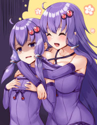 Rule 34 | 2girls, :d, ^ ^, aged up, ahoge, bare shoulders, blush, breast envy, breasts, cleavage, closed eyes, collarbone, commentary request, detached sleeves, dress, dual persona, floral background, groin, hair ornament, highres, hug, hug from behind, impossible clothes, impossible dress, large breasts, long hair, long sleeves, multiple girls, open mouth, purple dress, purple eyes, purple hair, purple sleeves, shaded face, smile, sweat, tenneko yuuri, upper body, very long hair, vocaloid, voiceroid, wavy mouth, yuzuki yukari
