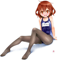 Rule 34 | 10s, 1girl, bad id, bad pixiv id, blush, brown eyes, brown hair, fang, feet, female focus, hair ornament, hairclip, highres, ikazuchi (kancolle), kantai collection, legs, looking at viewer, no shoes, one-piece swimsuit, open mouth, pantyhose, pantyhose under swimsuit, school swimsuit, short hair, simple background, solo, swimsuit, toes, weshika, white background