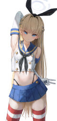 Rule 34 | 1girl, absurdres, arm behind head, armpits, black hairband, blonde hair, blue archive, blue eyes, blue hair, blue sailor collar, blue skirt, braid, closed mouth, collarbone, cosplay, elbow gloves, gloves, hairband, highres, hunakoshi halberd, kantai collection, long hair, looking at viewer, multicolored hair, navel, pout, sailor collar, shimakaze (kancolle), shimakaze (kancolle) (cosplay), simple background, skirt, solo, standing, striped clothes, striped thighhighs, thighhighs, toki (blue archive), two-tone hair, v, very long hair, white background, white gloves