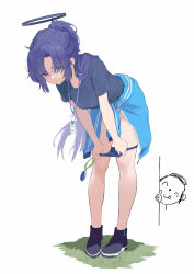 Rule 34 | 1girl, bent over, black shirt, blue archive, blue buruma, blue eyes, blue jacket, buruma, buruma pull, closed mouth, clothes around waist, clothes pull, doodle sensei (blue archive), halo, highres, jacket, jacket around waist, long hair, parted bangs, ponytail, pulled by self, purple hair, sensei (blue archive), shirt, short sleeves, shou xun bu liang, solo focus, standing, yuuka (blue archive), yuuka (track) (blue archive)