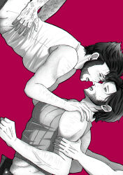 4boys after_kiss animification arm_hair ass beard blush commentary_request deadpool deadpool_&amp;_wolverine deadpool_(series) doghooouse dual_persona eye_contact facial_hair full-face_blush group_sex hand_on_another&#039;s_shoulder highres holding_another&#039;s_arm implied_sex large_pectorals looking_at_another male_focus marvel marvel_cinematic_universe monochrome multiple_boys muscular muscular_male open_fly pants pectorals saliva saliva_trail scar scars_all_over selfcest sex sex_from_behind short_hair sideways sweat sweatdrop tank_top tongue tongue_out too_many veins veiny_arms wolverine_(x-men) x-men x-men_film_series x-men_origins:_wolverine yaoi