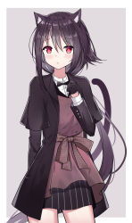 Rule 34 | 1girl, alternate hairstyle, animal ear fluff, animal ears, arknights, black bow, black bowtie, black coat, black gloves, black hair, black skirt, blouse, blush, border, bow, bowtie, cat ears, cat tail, coat, cowboy shot, gloves, grey background, hair between eyes, hand up, highres, long hair, long sleeves, looking at viewer, low ponytail, melantha (arknights), melantha (letters from wessex) (arknights), miniskirt, nagisa (cxcx5235), official alternate costume, open clothes, open coat, outside border, purple shirt, red eyes, shirt, simple background, skirt, solo, standing, tail, very long hair, white border