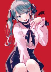 Rule 34 | 1girl, :d, aqua eyes, aqua hair, arm up, between legs, black mask, black nails, black ribbon, black skirt, chromatic aberration, collared shirt, commentary request, earrings, facial mark, fangs, hair ribbon, hanako151, hand between legs, hatsune miku, heart, highres, jewelry, knees, legs together, long hair, long sleeves, looking at viewer, mask, mouth mask, nail polish, open mouth, pink shirt, red background, ribbon, ring, screentones, shirt, shirt tucked in, simple background, sitting, skirt, smile, solo, twintails, vampire (vocaloid), vocaloid