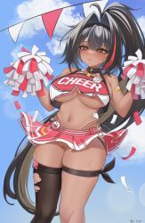 Rule 34 | 1girl, @ @, ahoge, bay (nikke), black hair, black thighhighs, blush, breasts, brown eyes, cheerleader, collar, crop top, dark-skinned female, dark skin, facial tattoo, goddess of victory: nikke, hair intakes, hairband, large breasts, long hair, mole, mole on breast, mole on stomach, mole under eye, mole under mouth, multicolored hair, pom pom (cheerleading), ponytail, pussy, red hair, red shirt, red skirt, shirt, sia233333, single thighhigh, skindentation, skirt, solo, spiked collar, spikes, star tattoo, streaked hair, sweat, tan, tanline, tattoo, thigh strap, thighhighs, torn clothes, torn thighhighs, underboob