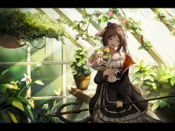 Rule 34 | 1girl, ^ ^, absurdres, animal ears, arknights, black bow, black dress, black jacket, blue flower, blush, bouquet, bow, brown hair, bug, butterfly, closed eyes, dress, closed eyes, flower, fox ears, greenhouse, hair bow, hanging plant, happy, highres, holding, holding bouquet, holding staff, indoors, insect, jacket, letterboxed, light rays, medium hair, off shoulder, open clothes, open jacket, open mouth, perfumer (arknights), pink flower, plant, potted plant, purple flower, solo, staff, white flower, yellow flower, zhonglllll
