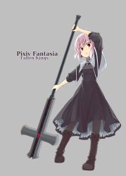 Rule 34 | 1girl, bad id, bad pixiv id, boots, copyright name, cross, cross-laced footwear, dress, emma thor, full body, highres, looking at viewer, mugi (banban53), pink hair, pixiv fantasia, pixiv fantasia fallen kings, red eyes, short hair, simple background, solo