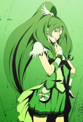 Rule 34 | 02akst, 10s, 1girl, bike shorts, bike shorts under skirt, cure march, green background, green eyes, green hair, green shorts, green skirt, green theme, hand on own hip, highres, long hair, looking at viewer, magical girl, matching hair/eyes, midorikawa nao, ponytail, precure, shorts, shorts under skirt, skirt, smile precure!, solo, tiara