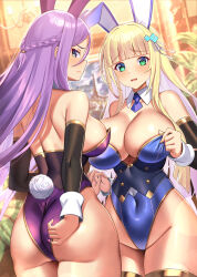 Rule 34 | 2girls, animal ears, ass, bare shoulders, blonde hair, blue eyes, blue leotard, blue necktie, blunt bangs, blush, breasts, christiana leta roseblaire, cleavage, closed mouth, commentary request, covered navel, detached collar, detached sleeves, fake animal ears, fake tail, green eyes, highres, indoors, large breasts, leotard, long hair, long sleeves, looking at viewer, looking back, marie sera marian, multiple girls, necktie, ore wa seikan kokka no akutoku ryoushu!, playboy bunny, purple hair, purple leotard, rabbit ears, rabbit tail, tail, takamine nadare