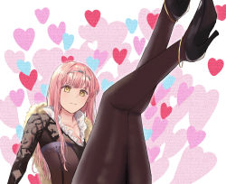 Rule 34 | 1girl, absurdres, blush, breasts, brown jacket, brown pantyhose, circlet, fate/grand order, fate (series), fur collar, heart, highres, huge filesize, jacket, cnoc na riabh (fate), legs, legs up, long hair, long sleeves, looking at viewer, medb (fate), medium breasts, pantyhose, pink hair, solo, suama (0122), yellow eyes