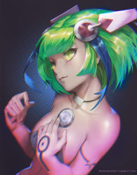 Rule 34 | 10s, 1girl, android, bare shoulders, black light, blue hair, closed mouth, collarbone, crop top, dimension w, eyebrows, glowing, green eyes, green hair, hand on own chest, headgear, matching hair/eyes, multicolored hair, short hair, solo, streaked hair, tattoo, two-tone hair, upper body, watermark, web address, yurizaki mira