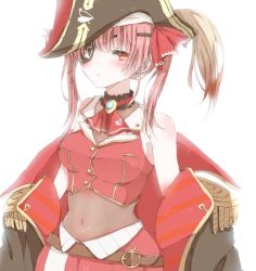 Rule 34 | 1girl, ascot, black coat, blush, breasts, cleavage, coat, covered navel, crop top, epaulettes, eyepatch, gold trim, hat, hiro (hirohiro31), hololive, houshou marine, jacket, leotard, leotard under clothes, long hair, looking at viewer, medium breasts, off shoulder, pink hair, pirate, pirate costume, pirate hat, red eyes, red jacket, see-through, see-through cleavage, short hair, sleeveless, solo, very long hair, virtual youtuber, white background