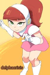 Rule 34 | 1girl, atomic betty, belt, betty (atomic betty), blush, boots, delpha crisis, dress, gloves, green eyes, hairband, long hair, looking up, pink dress, ponytail, red hair, short sleeves, smile, standing, white belt, white footwear, white gloves, yellow background