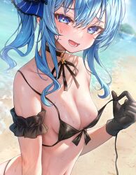 Rule 34 | 1girl, absurdres, bare shoulders, bikini, black bikini, black choker, black gloves, blue eyes, blue hair, blue ribbon, blush, breasts, choker, collarbone, commentary request, ebihurai, front-tie bikini top, front-tie top, gloves, hair between eyes, highres, hololive, hoshimachi suisei, looking at viewer, medium hair, navel, open mouth, ribbon, side ponytail, small breasts, star (symbol), star in eye, swimsuit, symbol in eye, virtual youtuber, wet
