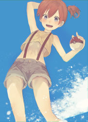 Rule 34 | 1girl, :d, absurdres, arm up, bare arms, bare shoulders, blue eyes, blue sky, breasts, chromatic aberration, cloud, cowboy shot, creatures (company), day, game freak, grey shorts, hair between eyes, highres, holding, holding poke ball, legs apart, light particles, misaki nonaka, misty (pokemon), navel, nintendo, open mouth, orange hair, outdoors, poke ball, poke ball (basic), pokemon, pokemon (anime), pokemon (classic anime), shirt, short hair, shorts, side ponytail, sky, small breasts, smile, solo, standing, suspender shorts, suspenders, teeth, tongue, yellow shirt