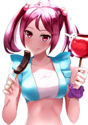 Rule 34 | 10s, 1girl, akabane rin, candy apple, chocolate banana, food, hair ornament, highres, kantai collection, long hair, pink eyes, pink hair, sazanami (kancolle), scrunchie, simple background, smile, solo, swimsuit, tongue, twintails, wrist scrunchie