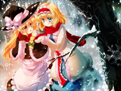 Rule 34 | 2girls, alice margatroid, apron, blonde hair, blush, capelet, forest, gengetsu chihiro, hairband, hat, highres, jacket, kirisame marisa, long sleeves, mittens, multiple girls, nature, scarf, shared clothes, shared scarf, skirt, snow, snowing, touhou, vest, witch hat