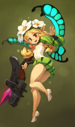 Rule 34 | 1girl, blonde hair, bow (weapon), bug, butterfly, crossbow, flower, green background, hair flower, hair ornament, highres, bug, long hair, mercedes (odin sphere), odin sphere, pointy ears, ponytail, red eyes, smile, solo, thighs, twintails, weapon, xaxaxa
