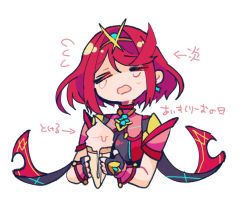 Rule 34 | 1girl, black gloves, breasts, chest jewel, crying, earrings, fingerless gloves, food, gem, gloves, headpiece, ice cream, jewelry, large breasts, melting, mugimugis, pyra (xenoblade), red hair, short hair, simple background, solo, swept bangs, tiara, white background, xenoblade chronicles (series), xenoblade chronicles 2