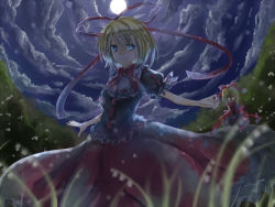 Rule 34 | 2girls, :o, blonde hair, blue eyes, bubble skirt, bush, capelet, cloud, flower, frilled skirt, frills, huge bow, lily of the valley, long sleeves, medicine melancholy, moon, multiple girls, nameless hill, night, night sky, o o, phantasmagoria of flower view, puffy short sleeves, puffy sleeves, ribbon, shaded face, short sleeves, size difference, skirt, sky, smile, straw like, su-san, touhou, white eyes, white ribbon