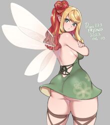 Rule 34 | 1girl, agawa ryou, ass, bare shoulders, blonde hair, breasts, commentary, cowboy shot, cross-laced clothes, cross-laced dress, cross-laced legwear, crossed arms, dated, dress, english commentary, fairy, fairy wings, floral print, from behind, green dress, hair ornament, long hair, looking at viewer, looking back, medium breasts, multicolored hair, original, pointy ears, red hair, signature, simple background, solo, strapless, strapless dress, thighhighs, two-tone hair, wings