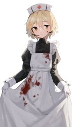 Rule 34 | 1girl, absurdres, alternate costume, apron, black dress, blonde hair, blood, blood on clothes, blood on face, braid, brown eyes, closed mouth, commentary request, dress, enmaided, feet out of frame, gloves, hat, headset, highres, juliet sleeves, light blush, light smile, long dress, long sleeves, looking to the side, maid, maid apron, nurse cap, nurse robot type t, penguin (dx19291005), puffy sleeves, short hair, side braids, sidelighting, simple background, skirt hold, sleeve cuffs, solo, standing, utau, white apron, white background, white gloves