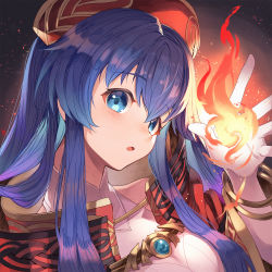 Rule 34 | 1girl, bare shoulders, black background, blue eyes, blue hair, blush, bracelet, cape, commentary request, dress, elbow gloves, embers, fire, fire emblem, fire emblem: the binding blade, fire emblem heroes, fireball, gloves, hair between eyes, hat, highres, jewelry, lilina (fire emblem), long hair, looking at viewer, magic, nakabayashi zun, nintendo, official alternate costume, open mouth, red cape, red hat, sleeveless, sleeveless dress, solo, white dress, white gloves