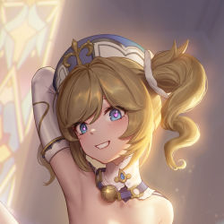 Rule 34 | 1girl, armpits, barbara (genshin impact), blonde hair, blue eyes, blush, detached collar, detached sleeves, genshin impact, hat, heart, heart-shaped pupils, highres, looking at viewer, medium hair, nude, out-of-frame censoring, presenting armpit, sarena, smile, solo, symbol-shaped pupils, tears, twintails, upper body, wide-eyed