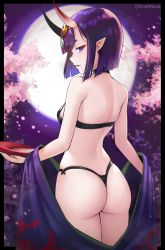 Rule 34 | 1girl, ass, back, bare shoulders, bob cut, breasts, cherry blossoms, dootmoon, eyeliner, fate/grand order, fate (series), full moon, headpiece, highres, horns, japanese clothes, kimono, long sleeves, looking at viewer, looking back, makeup, moon, night, night sky, off shoulder, oni, parted lips, pointy ears, purple eyes, purple hair, purple kimono, revealing clothes, short hair, shuten douji (fate), skin-covered horns, sky, small breasts, tree, wide sleeves
