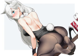Rule 34 | 1girl, animal ears, aqua eyes, ass, back, blush, braid, brown pantyhose, cup, drinking glass, embarrassed, feet, frown, girls&#039; frontline, grey background, highres, ksvk (girls&#039; frontline), leotard, long hair, looking at viewer, mod3 (girls&#039; frontline), outside border, pantyhose, playboy bunny, poker chip, rabbit tail, shoes, silver hair, simple background, sitting, soles, solo, table, tail, unworn shoes, very long hair, wine glass