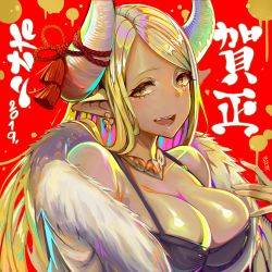 Rule 34 | 1girl, 2019, :d, alcoholrang, bare shoulders, blonde hair, breasts, chromatic aberration, cleavage, collarbone, colorful, dark-skinned female, dark skin, dated, draph, earrings, eyebrows hidden by hair, eyelashes, granblue fantasy, gyaru, half-closed eyes, horn ornament, horns, jewelry, kogal, kumbhira (granblue fantasy), large breasts, long hair, looking at viewer, new year, open mouth, pointy ears, red background, skindentation, smile, solo, tassel, translation request, upper body, yellow eyes