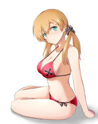 Rule 34 | 10s, 1girl, anchor symbol, arms at sides, bare arms, bare legs, bare shoulders, bikini, black ribbon, blonde hair, breasts, cleavage, closed mouth, collarbone, commentary request, cross, foreshortening, full body, halterneck, head tilt, highres, iron cross, kantai collection, long hair, looking at viewer, looking to the side, low twintails, medium breasts, mono (mono60), navel, no headwear, prinz eugen (kancolle), red bikini, ribbon, side-tie bikini bottom, simple background, sitting, smile, solo, stomach, strap gap, string bikini, swimsuit, tareme, twintails, white background, yokozuwari
