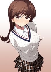 Rule 34 | 1girl, alternate costume, arms behind back, blush, breasts, brown eyes, brown hair, brown skirt, closed mouth, collared shirt, eyelashes, gradient background, highres, kantai collection, long hair, long sleeves, medium breasts, nel-c, ooi (kancolle), pleated skirt, ribbed sweater, shirt, simple background, skirt, solo, sweater, white background, white shirt, white sweater