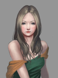 Rule 34 | 1girl, alternate hairstyle, bare shoulders, bianca (dq5), blonde hair, blue eyes, breasts, cleavage, dragon quest, dragon quest v, dress, green dress, grey background, lipstick, looking at viewer, makeup, mascara, nanba (tanishi), off shoulder, realistic, simple background, sleeveless, sleeveless dress, solo, square enix, upper body