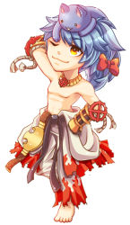 Rule 34 | 1boy, animal, animal on head, arm up, barefoot, belt, black belt, black gloves, blue hair, bow, cat, cat on head, championship belt, chibi, closed mouth, clothes around waist, commentary request, flame print, full body, gauntlets, gloves, hair bow, jewelry, long hair, looking at viewer, male focus, necklace, on head, orange eyes, pants, ragnarok online, red bow, shirt, shirt around waist, simple background, sion (blackhorse), smile, solo, sura (ragnarok online), toned, toned male, topless male, white background, white pants, white shirt