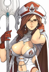 Rule 34 | 1girl, breasts, brown eyes, brown hair, cape, cleavage, cleric, glasses, gloves, hat, hay, jpeg artifacts, large breasts, long hair, oda non, solo, staff