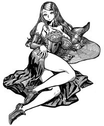 Rule 34 | 1girl, bare shoulders, breasts, detached sleeves, dragon&#039;s crown, dress, expressionless, full body, greyscale, hat, kahadu (kawazu), large breasts, legs, long hair, looking at viewer, monochrome, simple background, solo, sorceress (dragon&#039;s crown), thighs, unworn hat, unworn headwear, witch, witch hat
