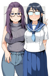 Rule 34 | 2girls, aqua neckwear, bangs pinned back, black hair, blue eyes, blue sailor collar, blue skirt, blush, breasts, commentary, crossover, denim, geso smith, glasses, grey sweater, highres, houkago teibou nisshi, jeans, kagamihara sakura, large breasts, long hair, looking at viewer, multiple girls, neckerchief, oono makoto, opaque glasses, pants, pleated skirt, purple hair, ribbed sweater, sailor collar, school uniform, serafuku, simple background, skirt, sleeveless, sleeveless turtleneck, smile, sweat, sweater, turtleneck, turtleneck sweater, v, yurucamp