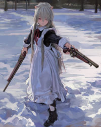 Rule 34 | 1girl, animal ears, apron, artist name, boots, cat ears, dual wielding, feiqizi (fkey), fkey, forest, grey hair, gun, hair between eyes, highres, holding, holding gun, holding weapon, maid, maid apron, musket, nature, original, outdoors, pantyhose, purple eyes, snow, solo, weapon, white pantyhose