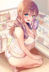 Rule 34 | 1girl, :d, absurdres, ass, bare shoulders, blue eyes, blush, bottle, breasts, brown hair, cake, calm mashiro, camisole, carrot, cleavage, collarbone, egg, eyelashes, food, green eyes, hair between eyes, hand on lap, highres, hot, indoors, jam, lace, lace-trimmed panties, lace trim, large breasts, long hair, looking at viewer, melonbooks, milk carton, non-web source, open mouth, original, panties, refrigerator, shiny skin, sidelocks, skindentation, smile, solo, squatting, sweat, teeth, towel, towel around neck, underwear, upper teeth only, vegetable, white camisole, white panties, wooden floor