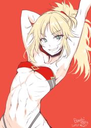 Rule 34 | 1girl, abs, armpits, arms up, artist name, blonde hair, bosshi, breasts, dated, fate (series), green eyes, highres, looking at viewer, mordred (fate), mordred (fate/apocrypha), navel, ponytail, red background, red scrunchie, ribs, scar, scrunchie, signature, smile, solo, strapless, tube top, underboob