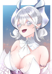 Rule 34 | 1girl, absurdres, breasts, cleavage, demon girl, demon horns, demon wings, dress, duel monster, earrings, grey eyes, highres, horns, jewelry, large breasts, looking at viewer, lovely labrynth of the silver castle, open mouth, pointy ears, solo, tei (oekakikaki), transparent wings, white dress, white hair, white horns, wings, yu-gi-oh!, yu-gi-oh! master duel