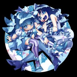 Rule 34 | 2girls, :d, blue eyes, blue hair, bow, candy, dress, food, foreshortening, hair between eyes, hair bow, hair ornament, hairband, happinesscharge precure!, heart, heartcatch precure!, high heels, kurumi erika, lollipop, looking at viewer, lying, multiple girls, open mouth, perspective, precure, puffy short sleeves, puffy sleeves, round teeth, senmu (0107), shirayuki hime, short sleeves, sitting, sleeveless, smile, teeth, thick eyebrows, thighhighs, upper teeth only, wrist cuffs