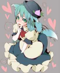 Rule 34 | 1girl, animal ears, blue eyes, blue hair, dog ears, dog tail, eightman, female focus, food, fruit, grey background, hat, heart, highres, hinanawi tenshi, kemonomimi mode, peach, solo, tail, tail wagging, touhou