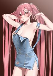 Rule 34 | 1girl, :p, absurdres, armpits, arms up, blush, breasts, brown background, chinese commentary, cleavage, collarbone, commentary request, cowboy shot, denim, gou d, gradient background, hair ornament, hairclip, highres, large breasts, long hair, looking at viewer, naked overalls, original, overalls, pink hair, red eyes, side slit, solo, straight hair, tongue, tongue out, torn clothes, twintails, very long hair, x hair ornament