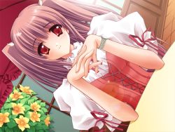 Rule 34 | 1girl, airi (quilt), carnelian, flower, game cg, own hands clasped, own hands together, quilt, quilt (game), ribbon, solo, twintails, two side up