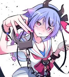 Rule 34 | 1other, arm up, armpits, bead bracelet, beads, black hair, black hairband, blush, bow, bracelet, braid, braided ponytail, collarbone, commentary, cuffs, foreshortening, gradient hair, gynoid talk, hair bow, hair flaps, hairband, hand up, handcuffs, head tilt, heart, heart-shaped pupils, highres, hikimayu, holding, holding handcuffs, horns, jewelry, light particles, light smile, long hair, looking at viewer, meika mikoto, multicolored hair, neckerchief, parted lips, pink eyes, pink hair, pink nails, purple hair, purple nails, red neckerchief, sailor collar, sanpaku, shaded face, shirt, skirt, sleeveless, sleeveless shirt, solo, streaked hair, sukenoota, symbol-shaped pupils, upper body, vocaloid, white background, white bow, white sailor collar, white shirt, white skirt, yandere